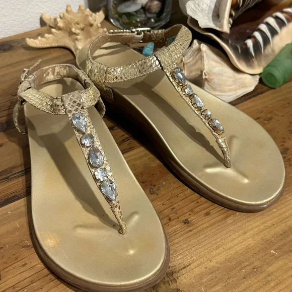 Vionic Gold Snake Print Sandals with Crystal Accents - Picture 1 of 13